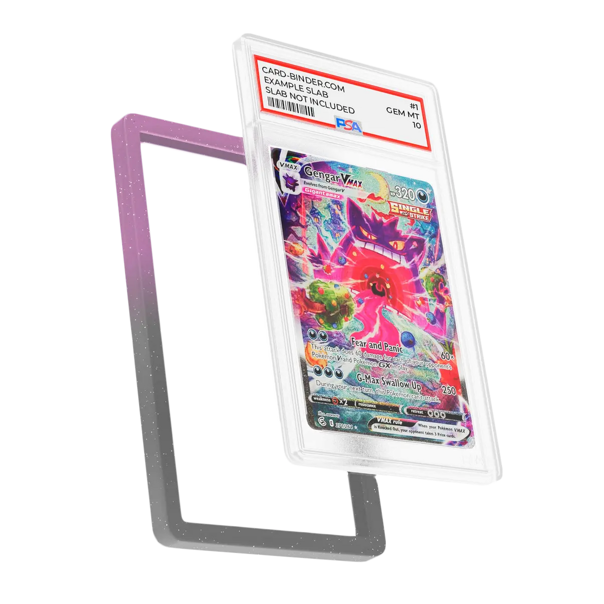 PSA Slab Guard - Midnight protecting a PSA 10 Gengar card within a beautiful gradient bumper.