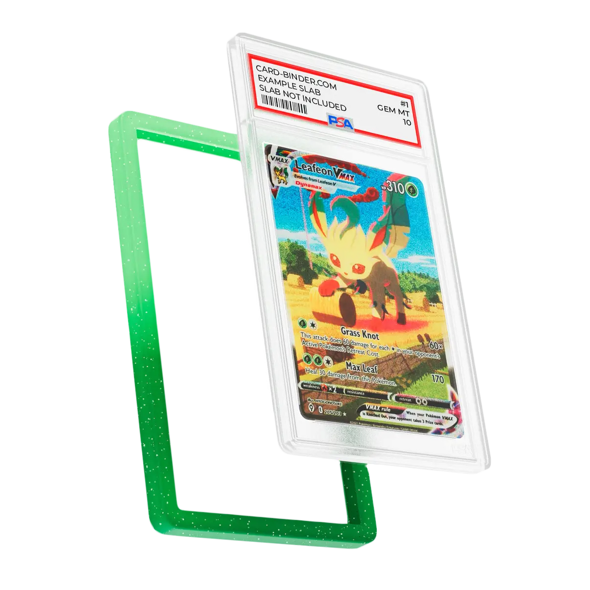 PSA Slab Guard – Grove, schützt eine Pokémon-Karte vom Typ Pflanze mit einem strahlend grünen Farbverlauf.