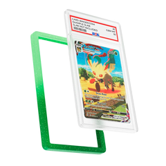 PSA Slab Guard – Grove, schützt eine Pokémon-Karte vom Typ Pflanze mit einem strahlend grünen Farbverlauf.