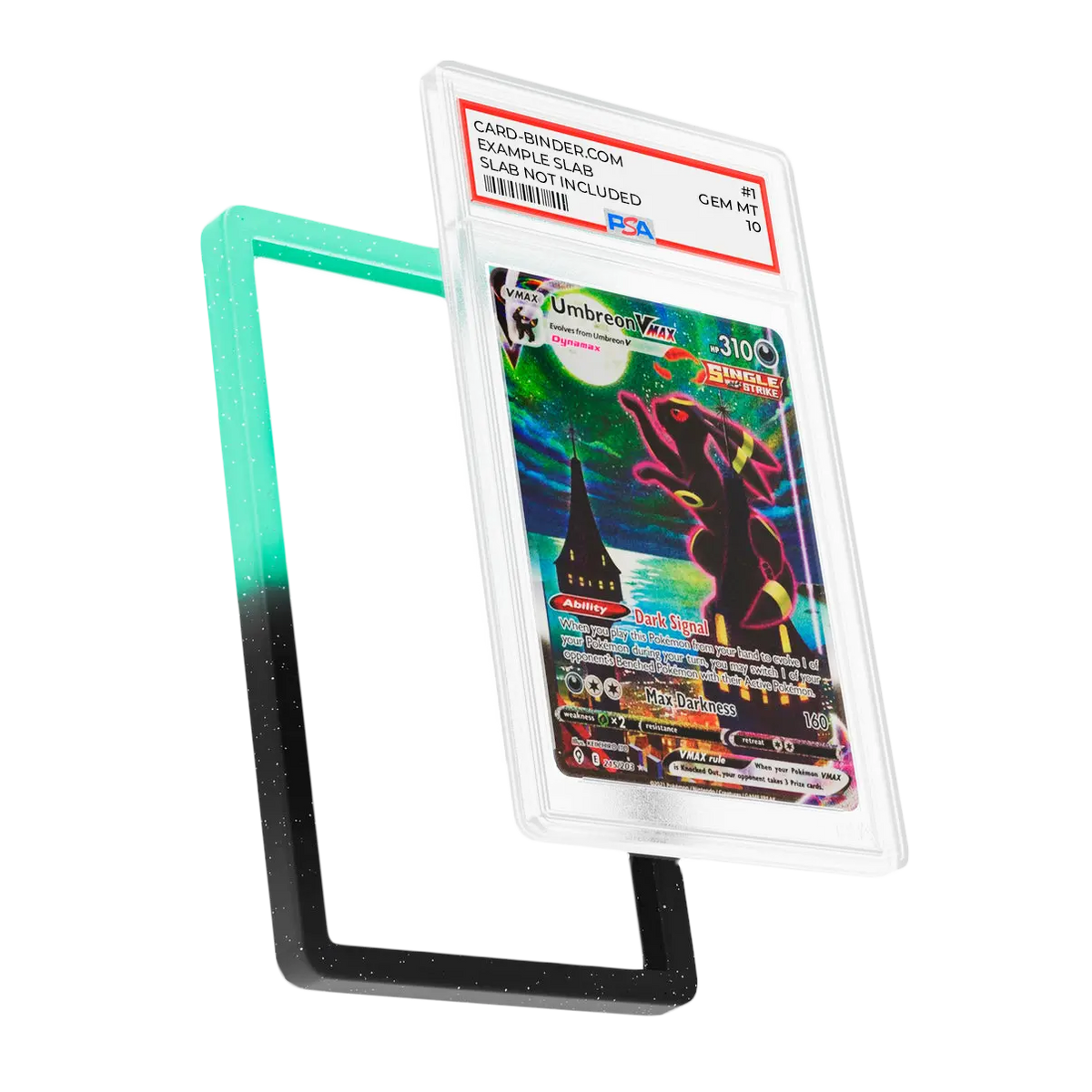 PSA Slab Guard - Luminous protecting an Umbreon PSA 10 Slab with radiant green and black gradient color.
