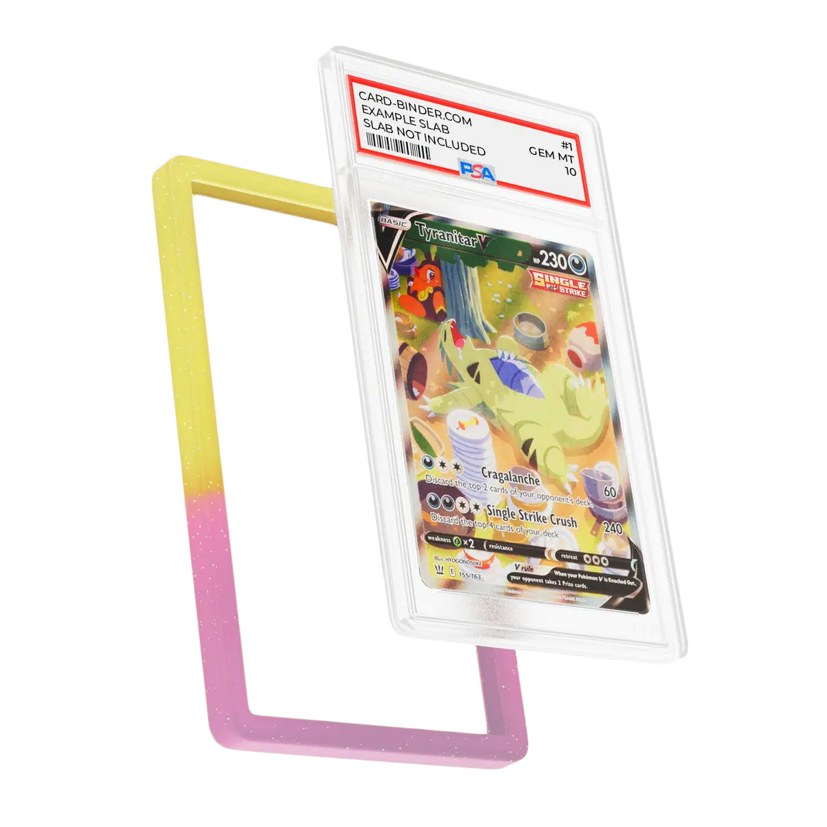 PSA Slab Guard - Pfirsich mit einem lebendigen Gelb- und Pinkverlauf, der eine schlafende Tyranitar PSA 10 Slab schützt.