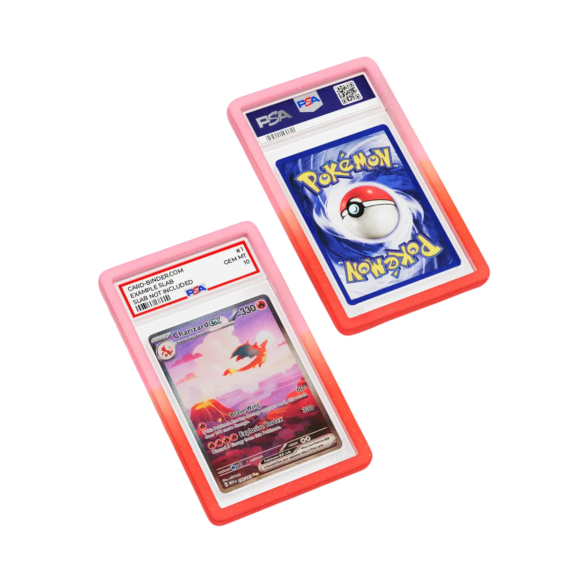 PSA Slab Guard - Koraalrode bumperbescherming voor Pokémonkaarten in levendige kleurovergangen.