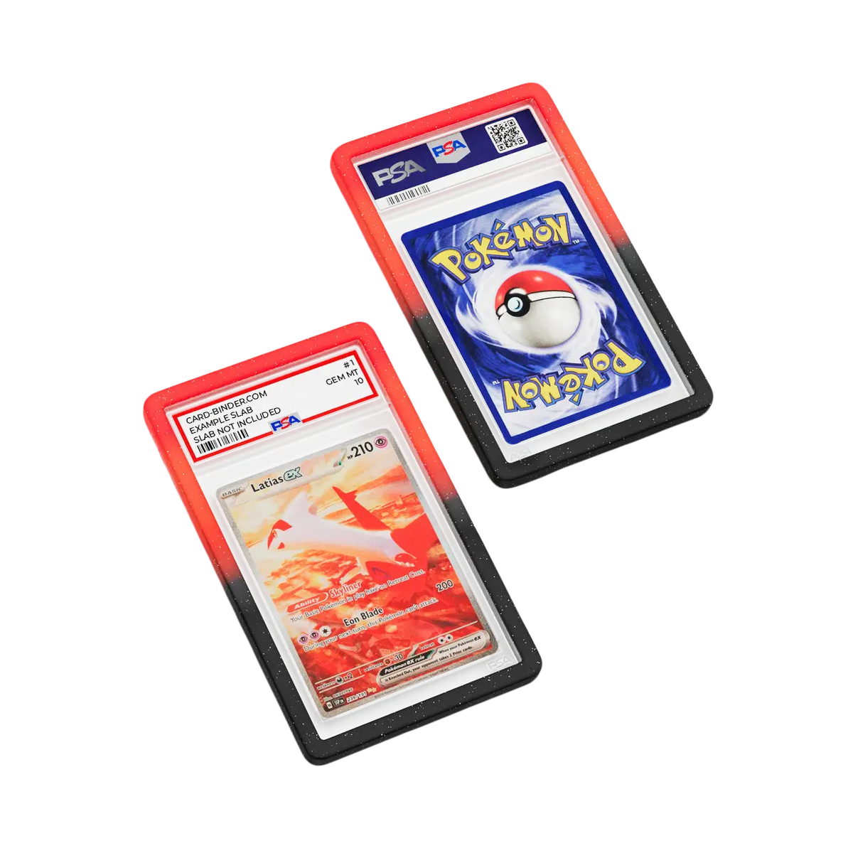 PSA Slab Guard - Blackfire beschermt Latias PSA 10 kaart met levendig rood en zwart gradiënt design.