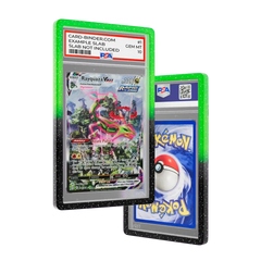 PSA Slab Guard - Aurora protecting a Rayquaza PSA 10 slab with a vibrant green and black gradient design.