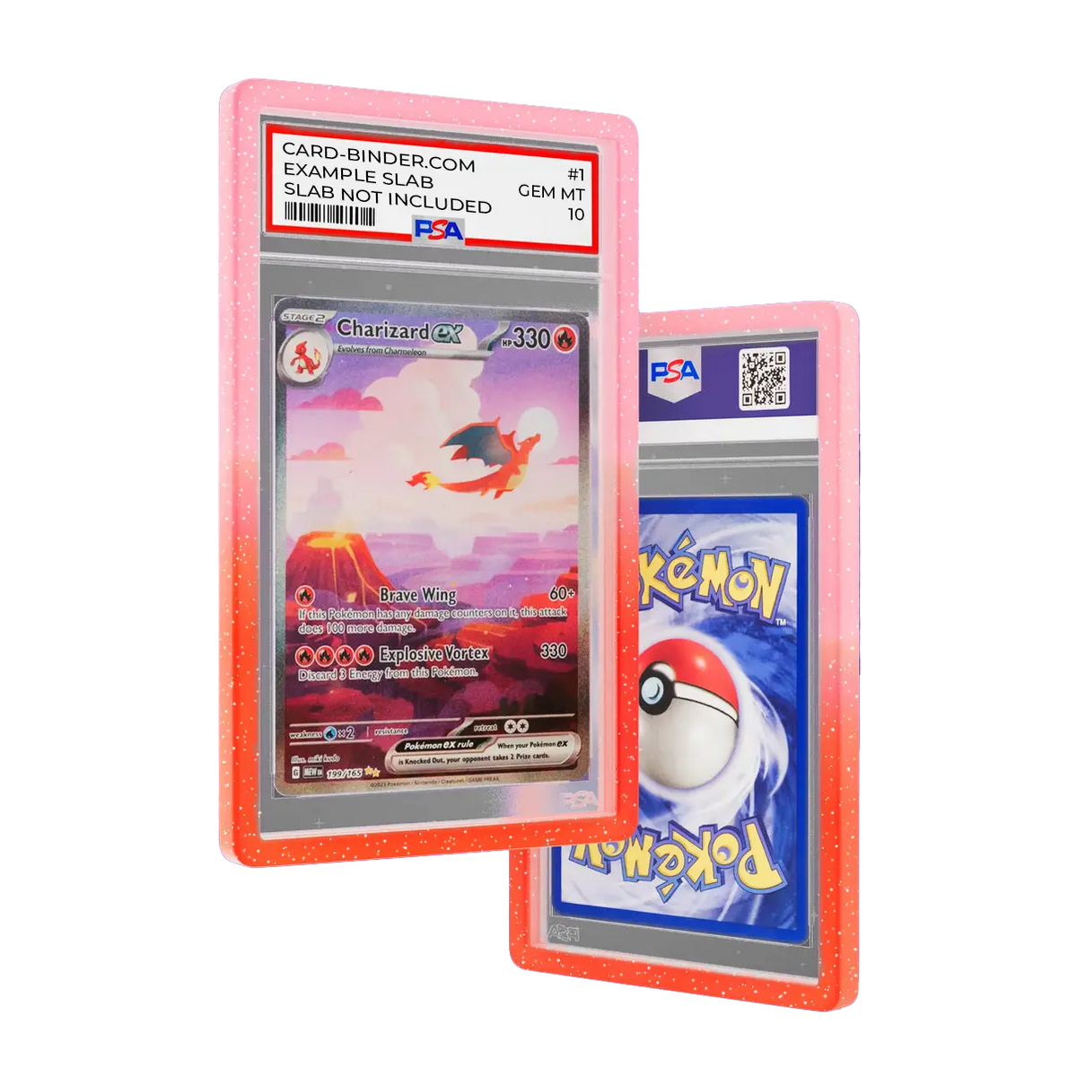 PSA Slab Guard - Coral bumper protecting Charizard PSA 10 slab with a vibrant pink and red gradient design.