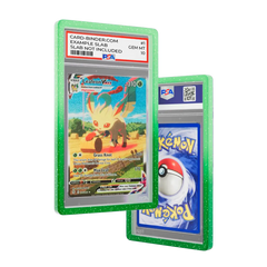 PSA Slab Guard - Grove, schützt eine PSA 10 Leafeon VMAX Pokémon-Karte mit einem Farbverlauf-Design.