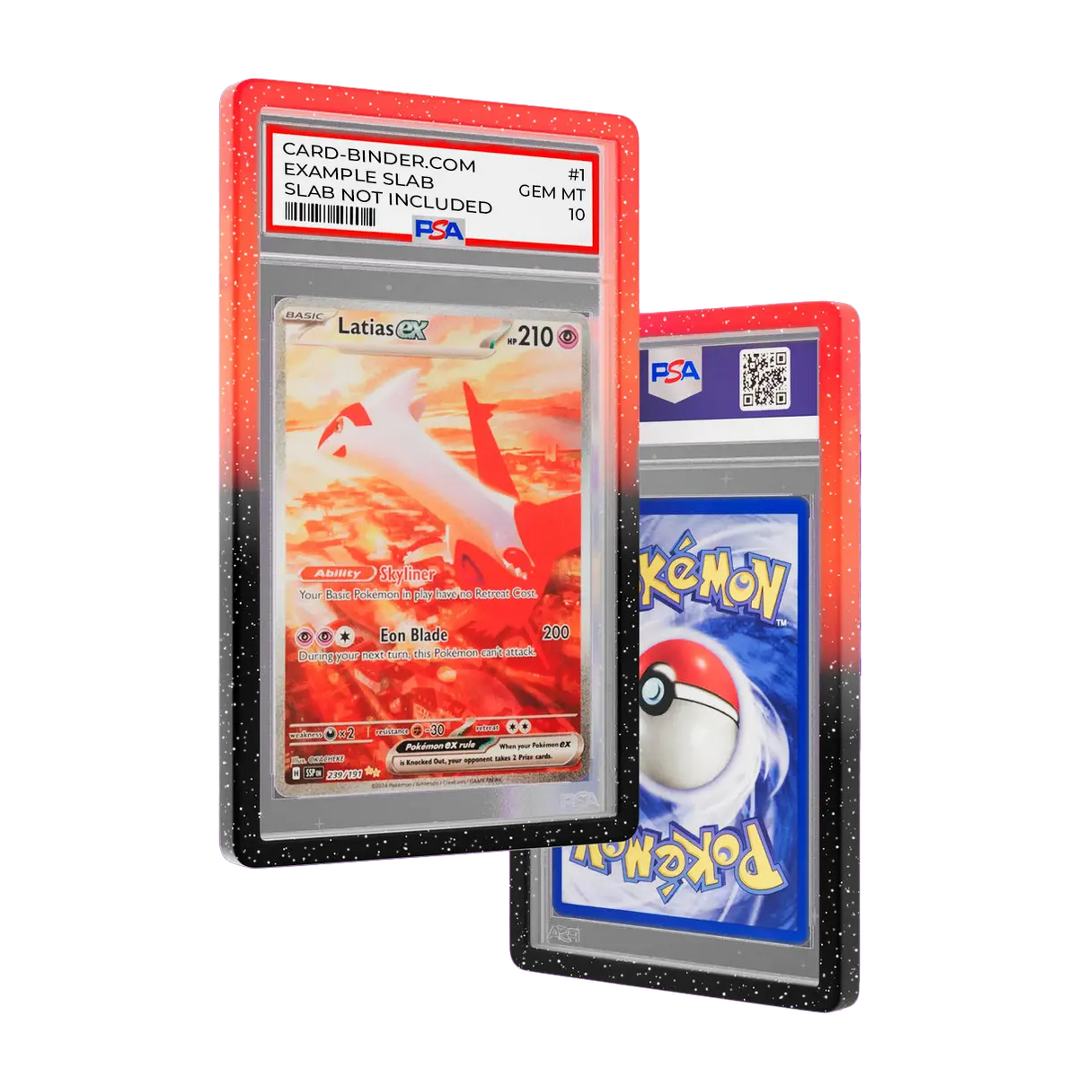PSA Slab Guard - Blackfire with Latias GX card, showcasing vibrant gradient design and protective features.