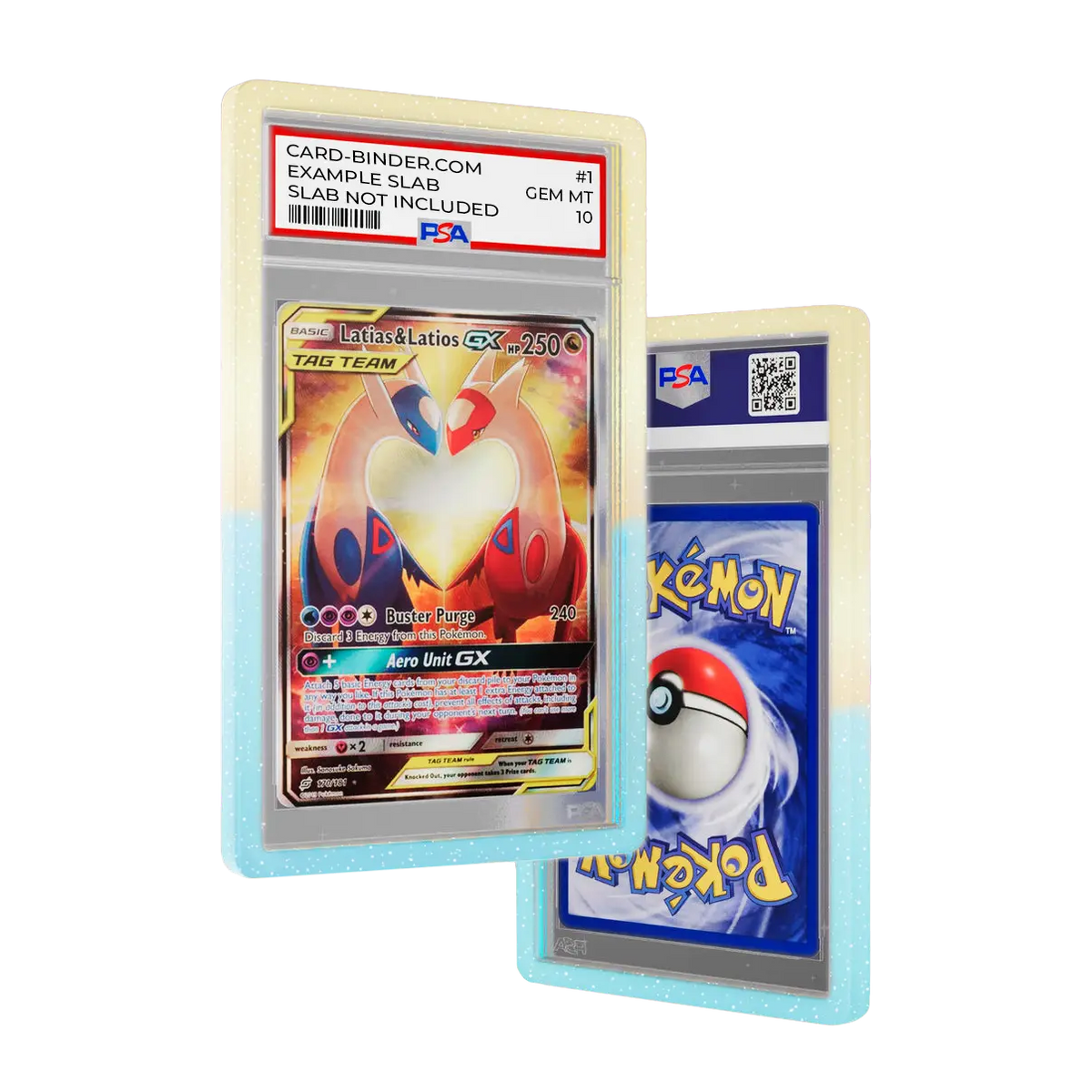 PSA Slab Guard - Skyline protecting a Flying Type Pokémon card, vibrant gradient design featured.