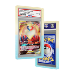 PSA Slab Guard - Skyline protecting a Flying Type Pokémon card, vibrant gradient design featured.