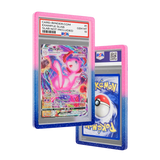 PSA Slab Guard - Whimsical colored gradient bumper protecting a Mew PSA 10 Slab in vibrant pink and blue design.