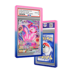 PSA Slab Guard - Whimsical colored gradient bumper protecting a Mew PSA 10 Slab in vibrant pink and blue design.
