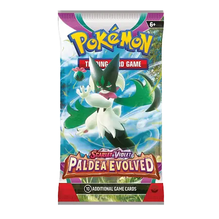 Pokémon Scarlet & Violet Paldea Evolved booster pack met Meowscarada ex met betoverende omgeving.