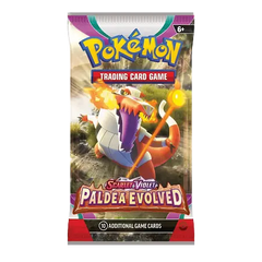 "Pokémon SV02 Paldea Evolved booster pack met gigantische Pokémon, 10 extra kaarten voor spannend spel."
