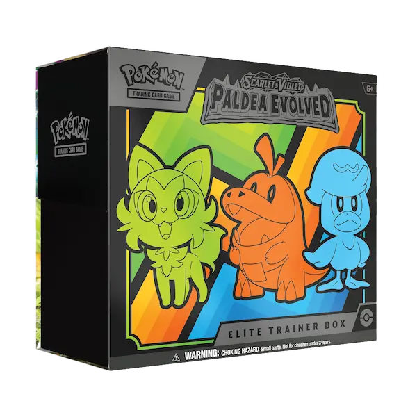 Pokemon Scarlet & Violet Paldea Evolved Elite Trainer Box mit Meowscarada, Skeledirge und Quaquaval.