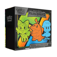 Pokemon Scarlet & Violet Paldea Evolved Elite Trainer Box met Meowscarada, Skeledirge en Quaquaval.