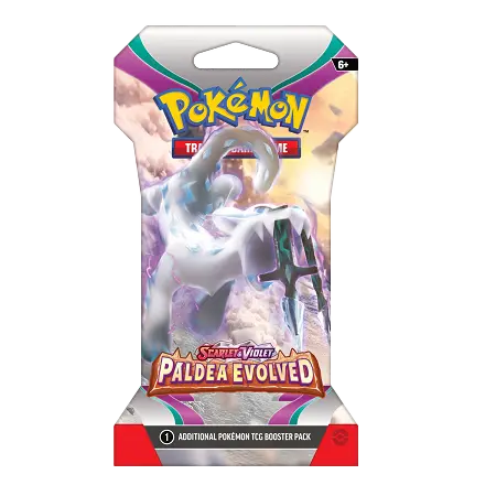 Booster sous blister Pokémon SV02 Paldea Evolved avec une magnifique illustration de légendes Pokémon.