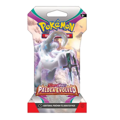 Booster sous blister Pokémon SV02 Paldea Evolved avec une magnifique illustration de légendes Pokémon.