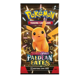 "Pokémon SV04.5 Paldean Fates Booster Pack met glimmende Pikachu en levendig design, bevat 10 extra spelkaarten."