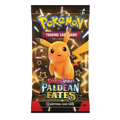 "Pokémon SV04.5 Paldean Fates Booster Pack met glimmende Pikachu en levendig design, bevat 10 extra spelkaarten."