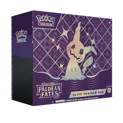 Pokémon SV04.5 Paldean Fates Elite Trainer Box featuring Shiny Mimikyu on the stylish packaging.