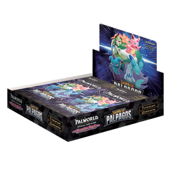 Boîte de boosters Palworld Dawn of Palpagos contenant des paquets de cartes dans une boîte de présentation.