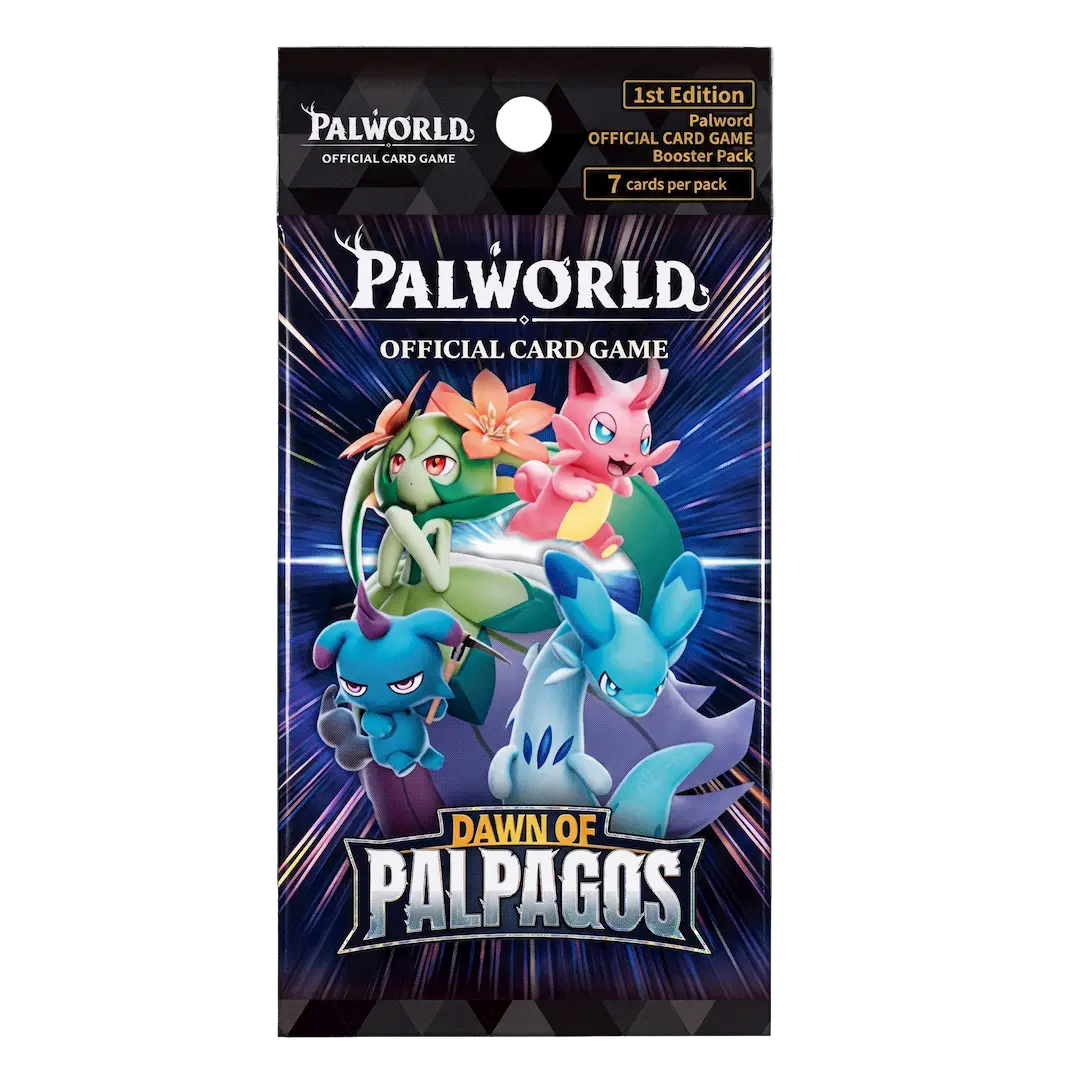 Palworld Dawn of Palpagos Booster Pack featuring vibrant characters from the official card game.