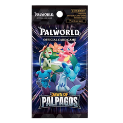 Booster pack Palworld Dawn of Palpagos mettant en vedette des personnages vibrants du jeu de cartes officiel.