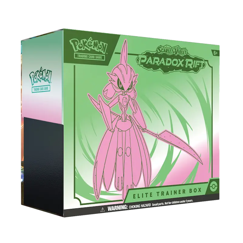 Pokémon Paradox Rift Elite Trainer Box featuring Iron Valiant, vibrant design, Pokémon SV04 collectible.