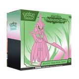 "Pokémon Paradox Rift Elite Trainer Box met Iron Valiant, levendig design, Pokémon SV04 verzamelobject."