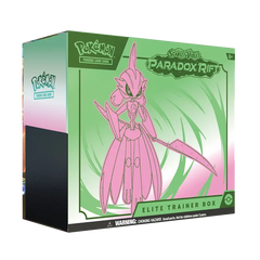 "Pokémon Paradox Rift Elite Trainer Box met Iron Valiant, levendig design, Pokémon SV04 verzamelobject."