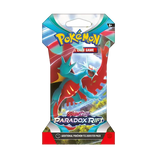 Pokémon SV04 Paradox Rift hoesje booster pack met oude en toekomstige Pokémon-kunst.