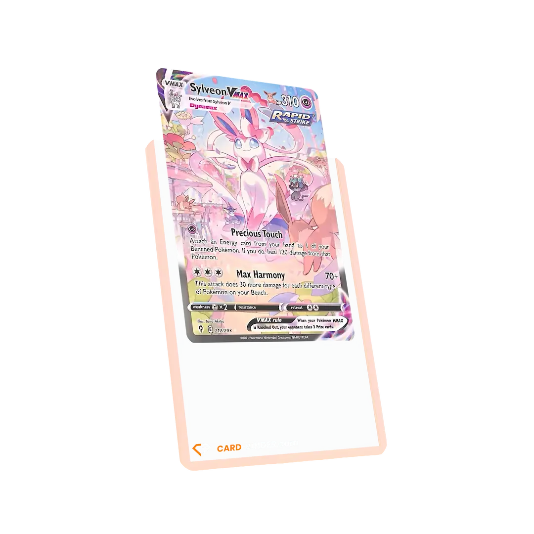 Toploaders met roze rand die een Sylveon VMAX Pokémon-kaart tonen voor premium kaartenbescherming.