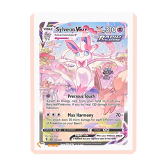 Sylveon VMAX kaart met roze rand, met de Max Harmony aanval voor kaartenverzamelaars.