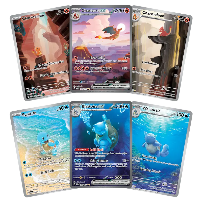 Collection of Pokémon trading cards featuring Charizard, Squirtle, and their evolutions.