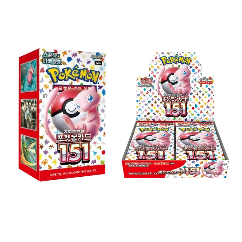 Pokémon trading card box featuring Mew and 151 cards, perfect for collectors and game enthusiasts.