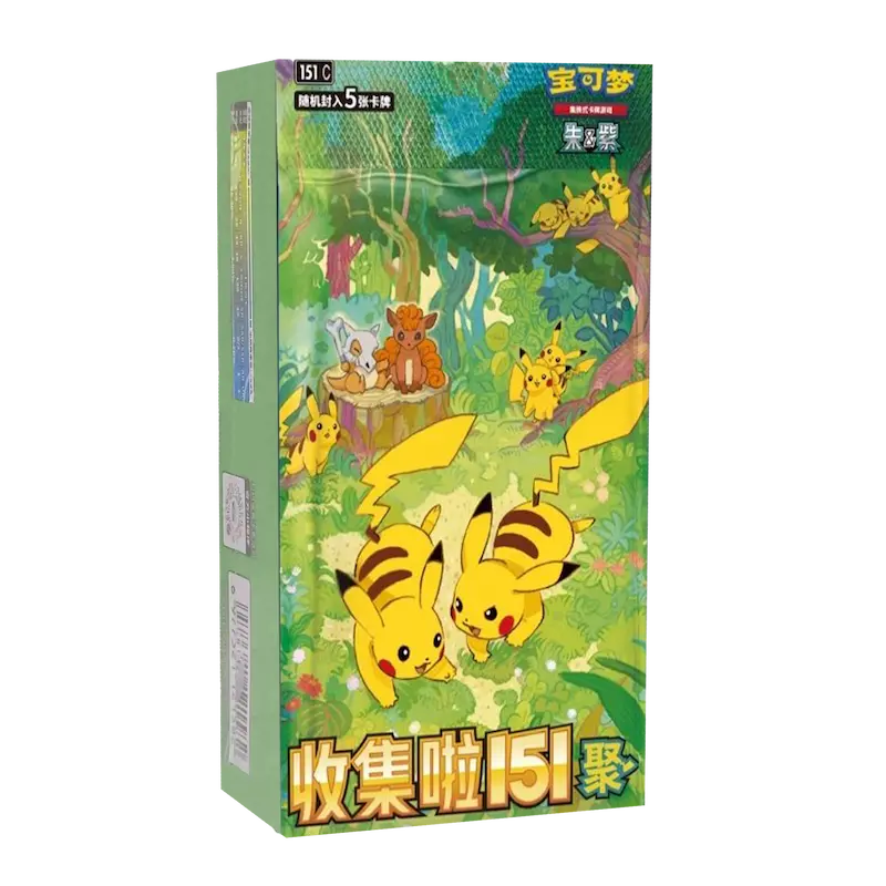 151: Gathering Slim Booster Box featuring Pikachu and friends in a vibrant forest setting.