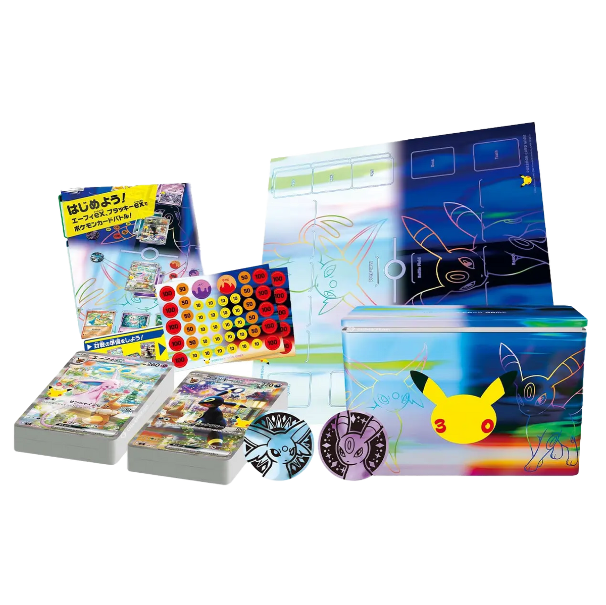 Colorful Pokémon trading card game bundle featuring cards, accessories, and illustrations of Pikachu and Eevee.