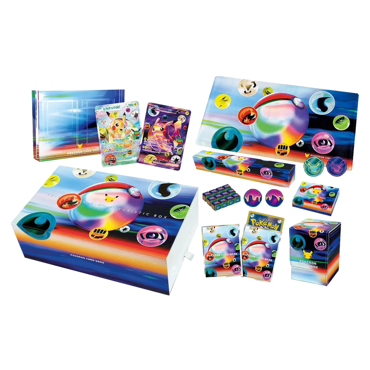 Colorful Pokémon card collection box featuring various cards and exclusive items, showcasing a vibrant design and playful graphics. 30th Celebration Futuristic Collection Box