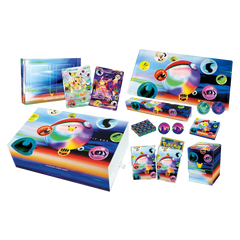 Colorful Pokémon card collection box featuring various cards and exclusive items, showcasing a vibrant design and playful graphics. 30th Celebration Futuristic Collection Box