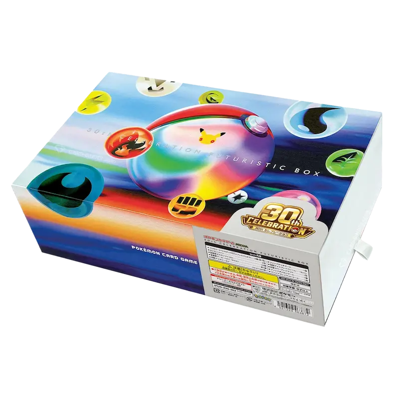 Pokémon 30th Celebration Futuristic Collection Box featuring iconic characters and colorful design, perfect for collectors.