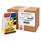 Booster Bundle Case de la célébration du 30e anniversaire (25 pièces) avec un carton d'expédition, présentant des produits du JCC Pokémon.
