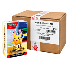Booster Bundle Case de la célébration du 30e anniversaire (25 pièces) avec un carton d'expédition, présentant des produits du JCC Pokémon.
