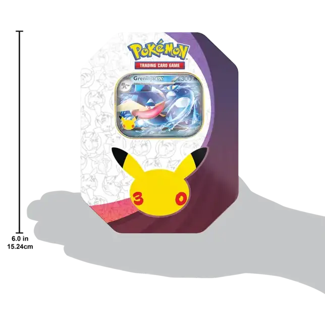 30th Celebration Greninja Tin design featuring Pikachu and Greninja EX card display.