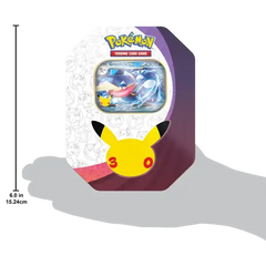 30th Celebration Greninja Tin design featuring Pikachu and Greninja EX card display.