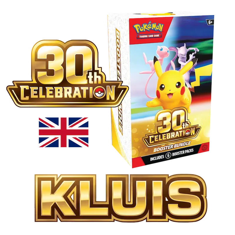 30th RGB Kluis English [Live] booster bundle packaging featuring Pikachu and celebration logo.