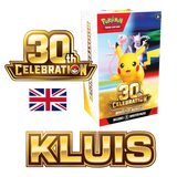 Emballage du pack Booster 30e anniversaire RGB Kluis Anglaise [Live] avec Pikachu et le logo de célébration.