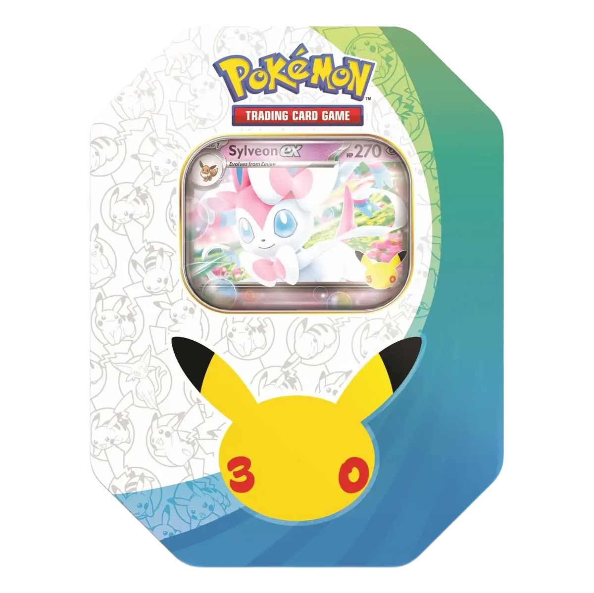 30th Celebration Sylveon Tin featuring Sylveon EX card and Pokémon branding.