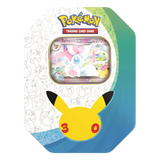 30th Celebration Sylveon Tin featuring Sylveon EX card and Pokémon branding.