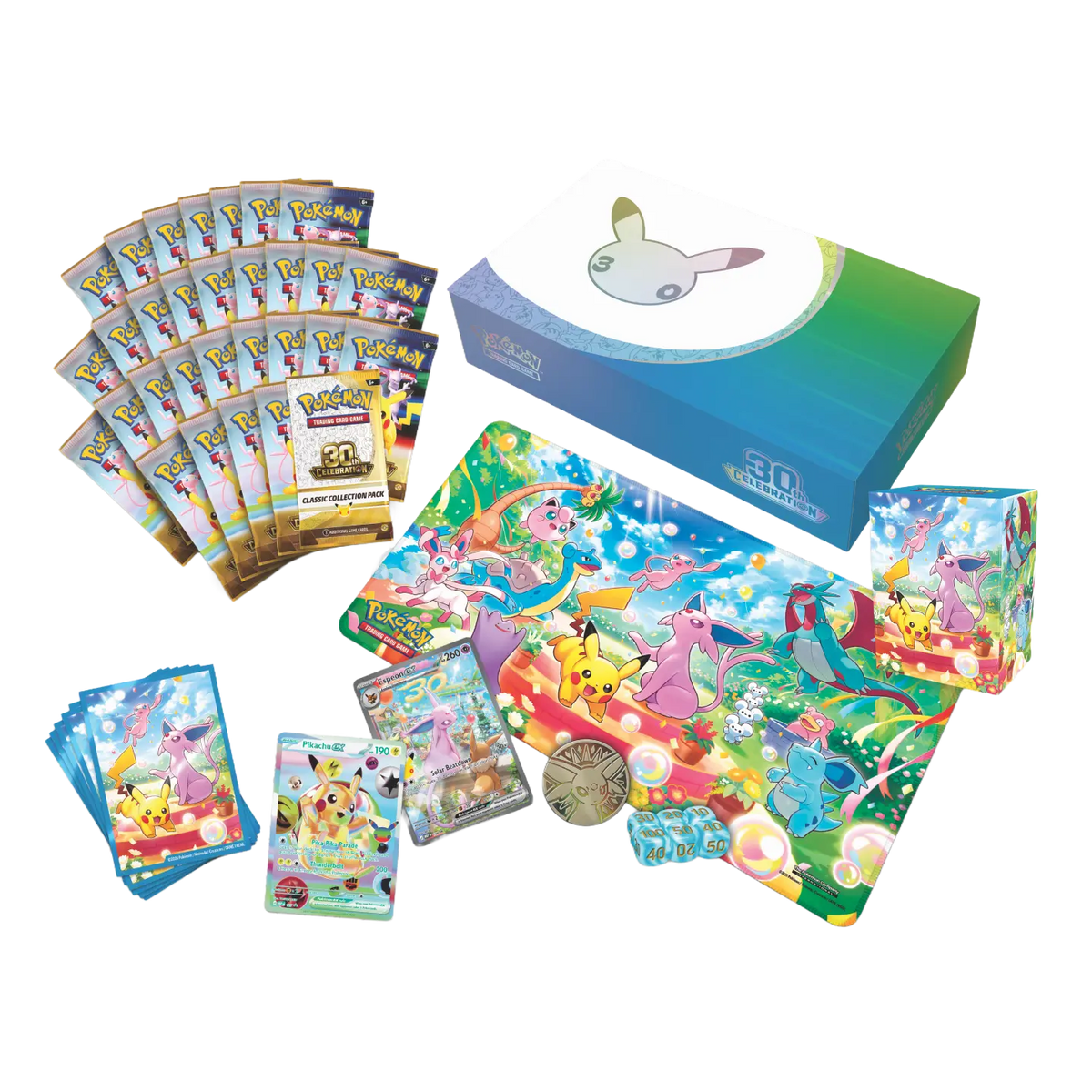 30th Celebration Ultra Premium Collection - Day Out featuring cards, booster packs, and a colorful playmat.