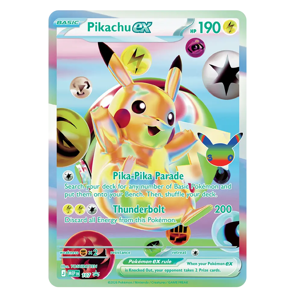 Pikachu ex card from the Pokémon TCG 30th Celebration Ultra Premium Collection - Day Out.